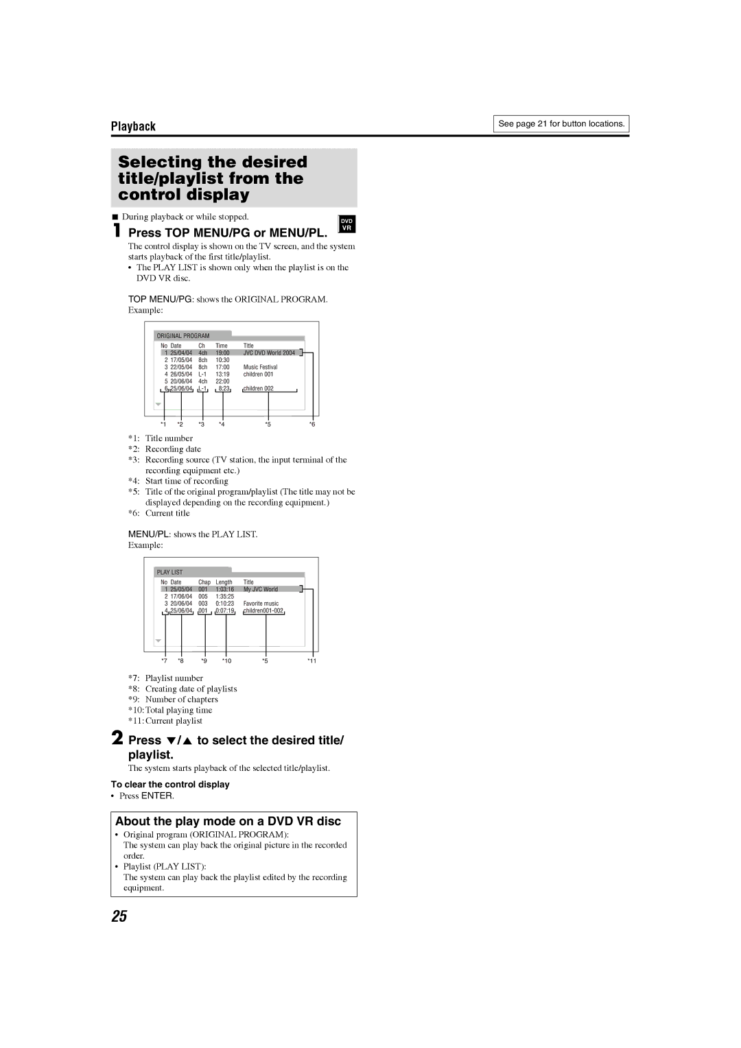 JVC GVT0150-008A, GVT0150-008UX manual Press TOP MENU/PG or MENU/PL. VR, Press Y/5 to select the desired title/ playlist 