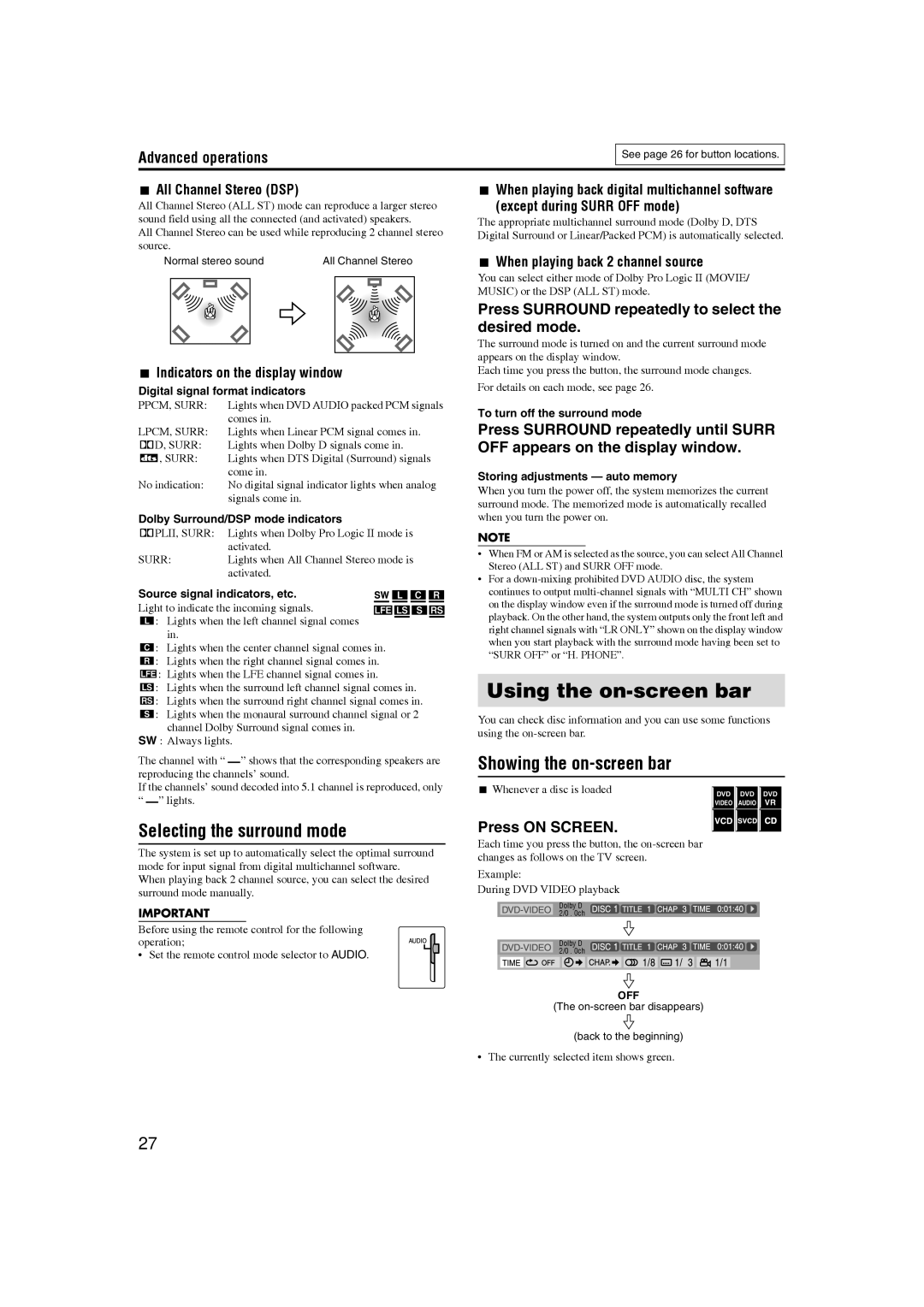 JVC GVT0150-008UX manual Using the on-screen bar, Selecting the surround mode, Showing the on-screen bar, Press on Screen 