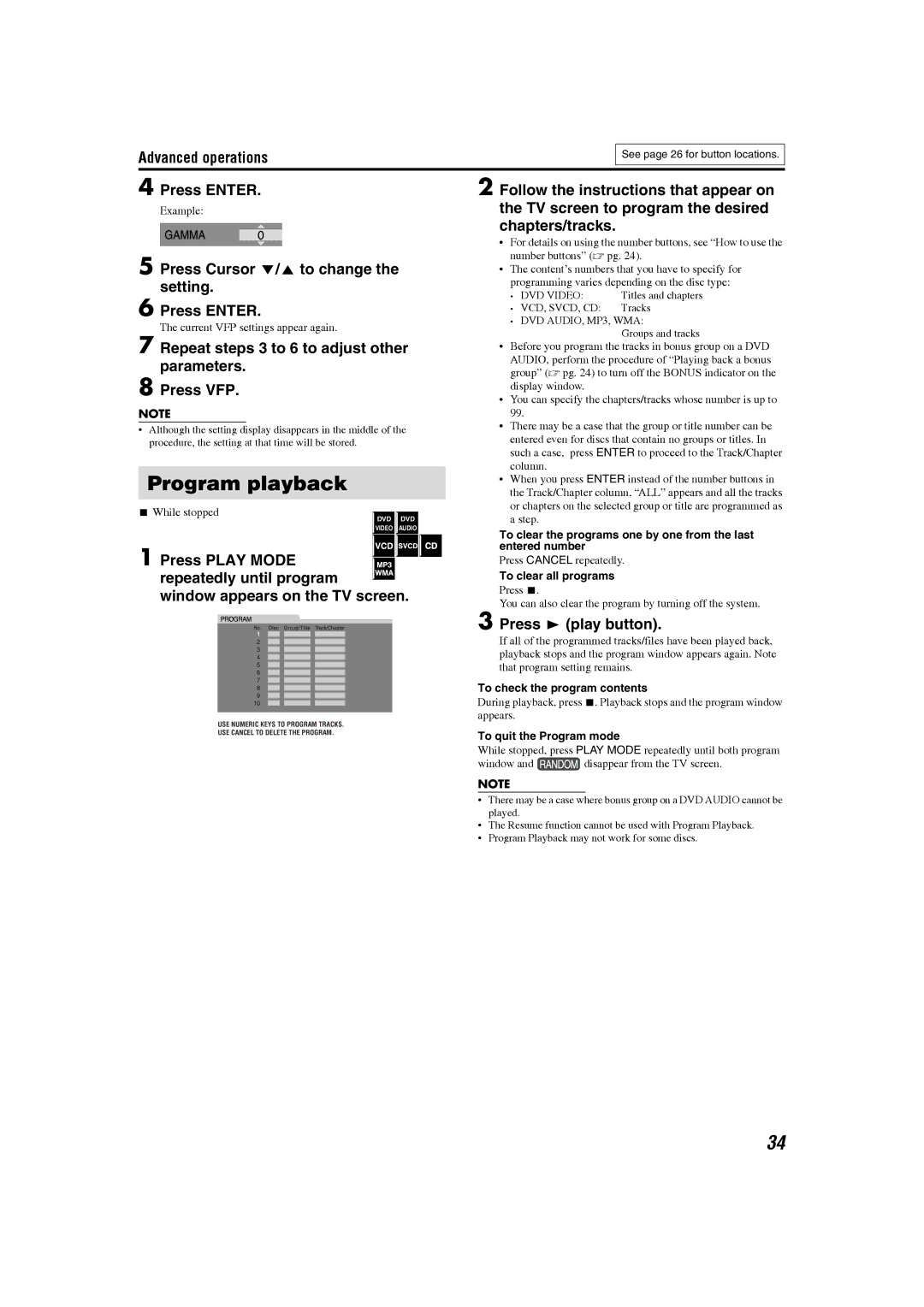 JVC GVT0150-008US, GVT0150-008UX Program playback, Press Cursor Y/5 to change the setting Press Enter, Press 3 play button 