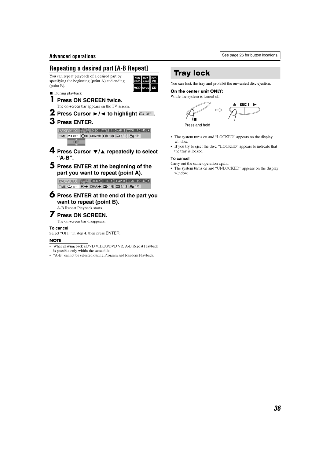 JVC GVT0150-008UG, GVT0150-008UX, GVT0150-008US, GVT0150-008UN, GVT0150-008A Tray lock, Repeating a desired part A-B Repeat 