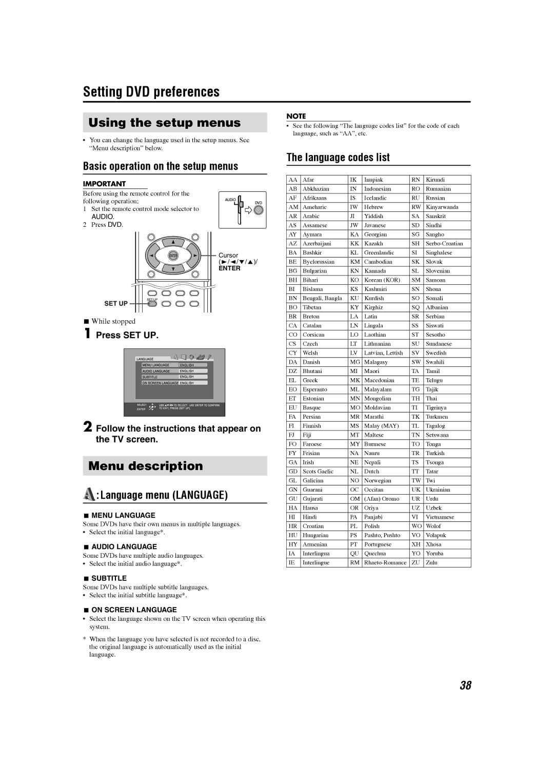 JVC GVT0150-008UW, GVT0150-008UX, GVT0150-008US manual Setting DVD preferences, Using the setup menus, Menu description 