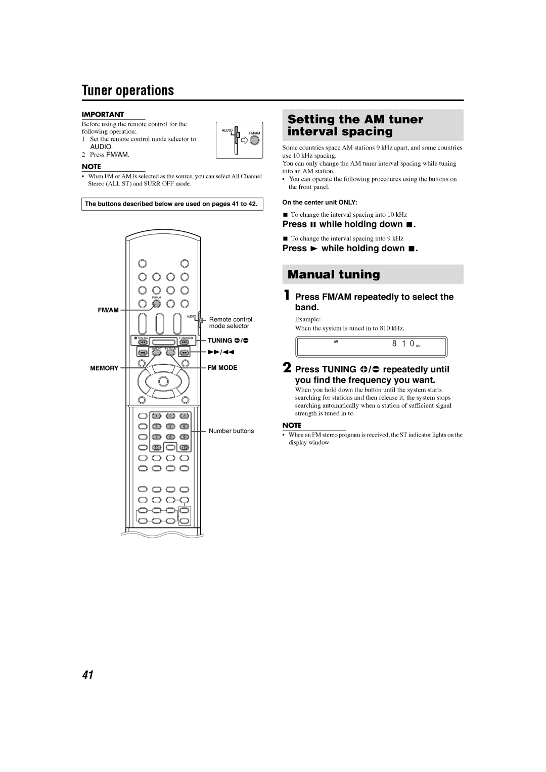 JVC GVT0150-008UN, GVT0150-008UX, GVT0150-008US manual Tuner operations, Setting the AM tuner interval spacing, Manual tuning 