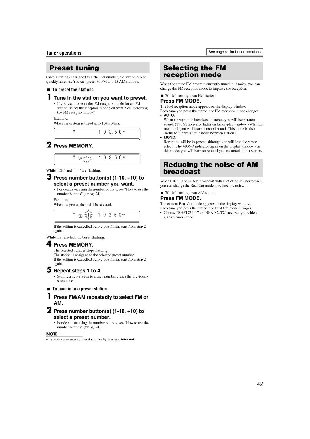 JVC GVT0150-008UG, GVT0150-008UX manual Preset tuning, Selecting the FM reception mode, Reducing the noise of AM broadcast 