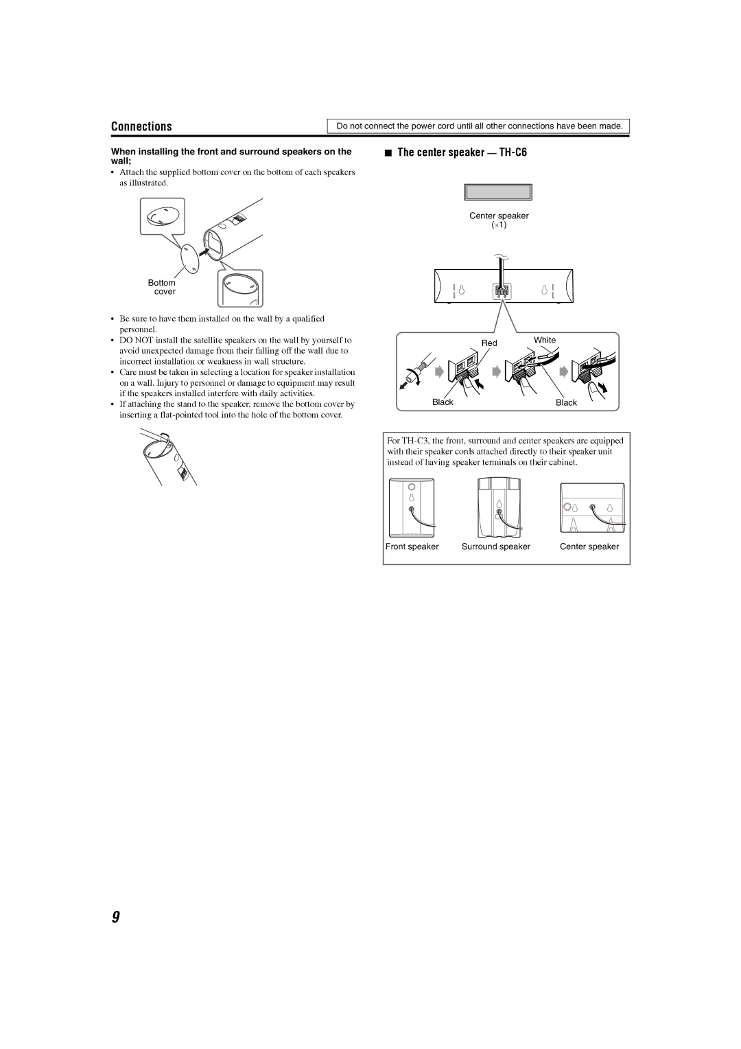 JVC GVT0150-008US, GVT0150-008UX manual Center speaker TH-C6, When installing the front and surround speakers on the wall 