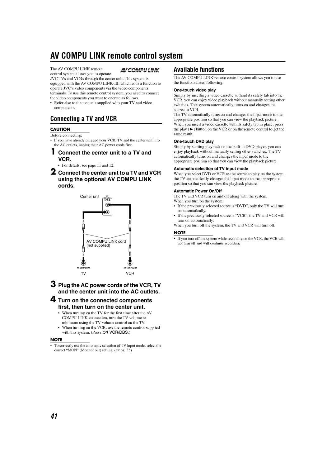 JVC GVT0150-008UG, GVT0150-008UX manual AV Compu Link remote control system, Connecting a TV and VCR, Available functions 