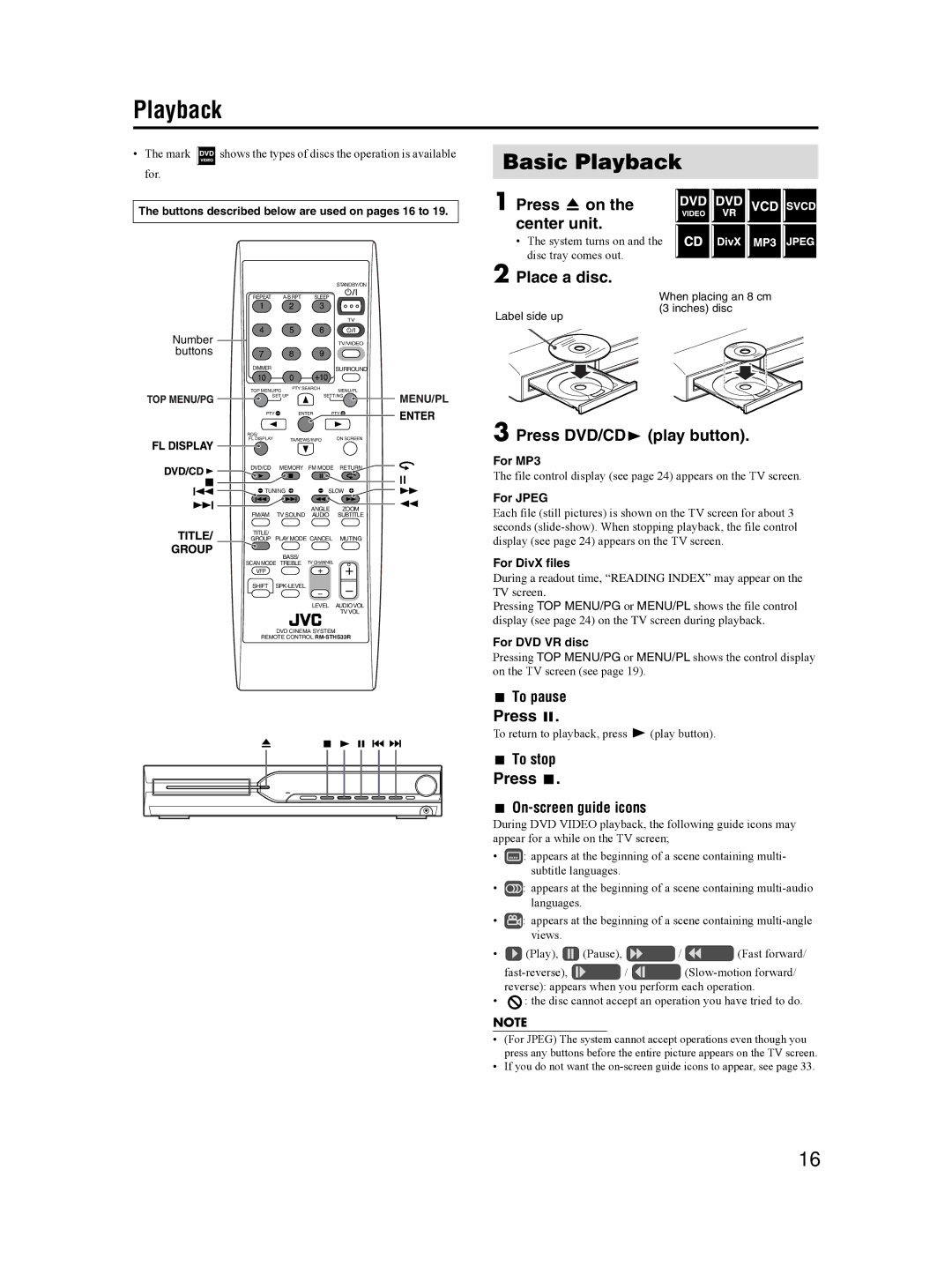 JVC GVT0155-001A manual Basic Playback, Press 0 on the center unit, Place a disc, Press DVD/CD3 play button 