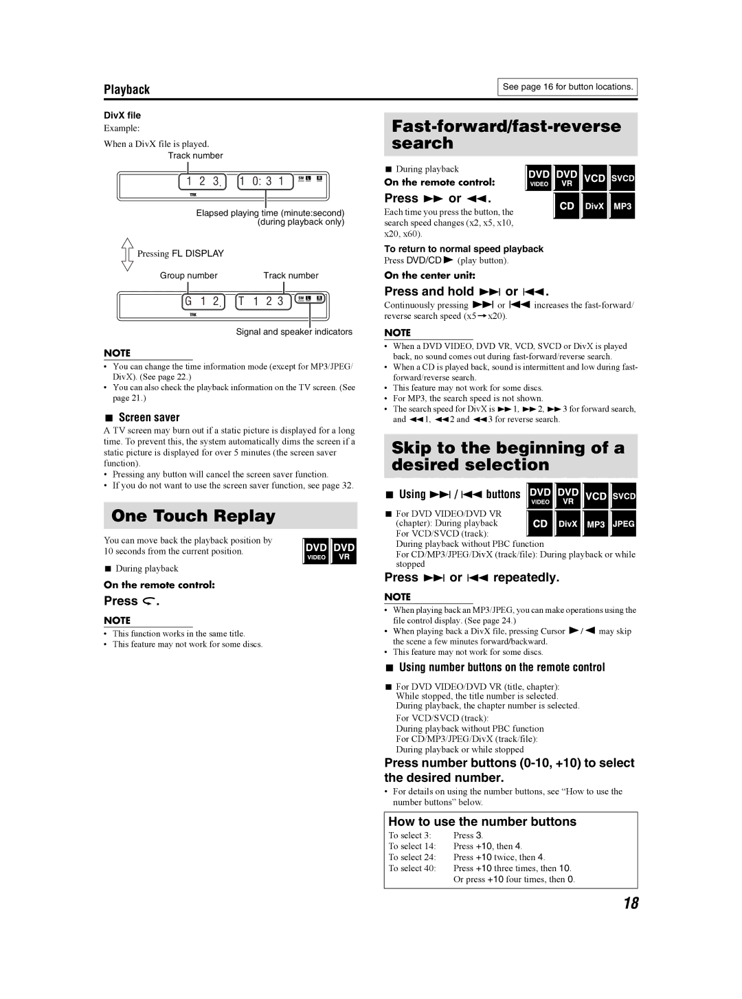 JVC GVT0155-001A manual One Touch Replay, Fast-forward/fast-reverse search, Skip to the beginning of a desired selection 