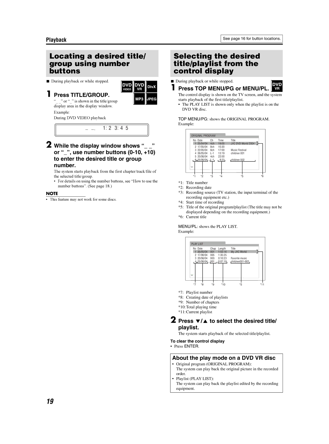 JVC GVT0155-001A Locating a desired title/ group using number buttons, Press TITLE/GROUP, Press TOP MENU/PG or MENU/PL 