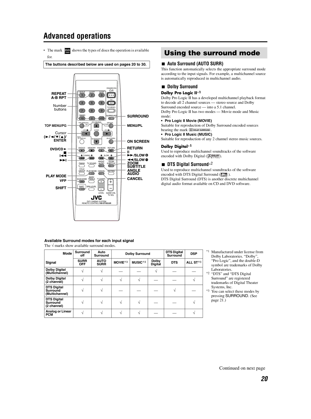 JVC GVT0155-001A manual Advanced operations, Using the surround mode, Auto Surround Auto Surr, DTS Digital Surround*2 