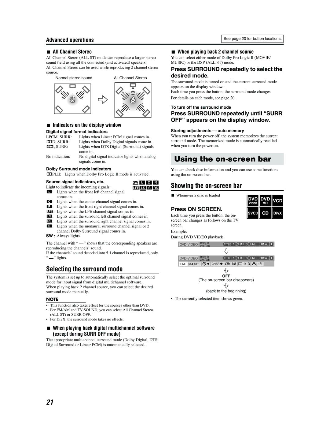 JVC GVT0155-001A manual Using the on-screen bar, Selecting the surround mode, Showing the on-screen bar, Press on Screen 