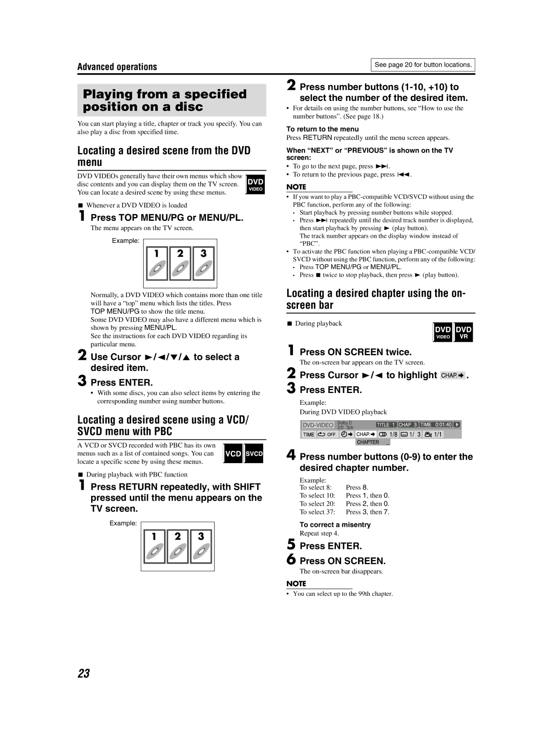 JVC GVT0155-001A manual Playing from a specified position on a disc, Locating a desired scene from the DVD menu 