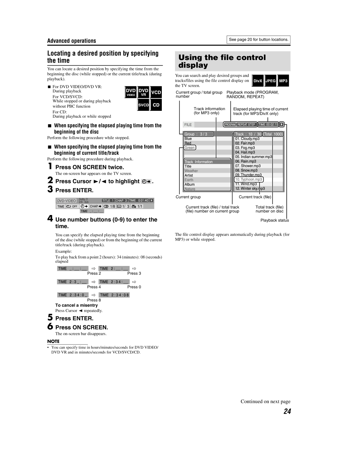 JVC GVT0155-001A Using the file control display, Locating a desired position by specifying the time, To cancel a misentry 