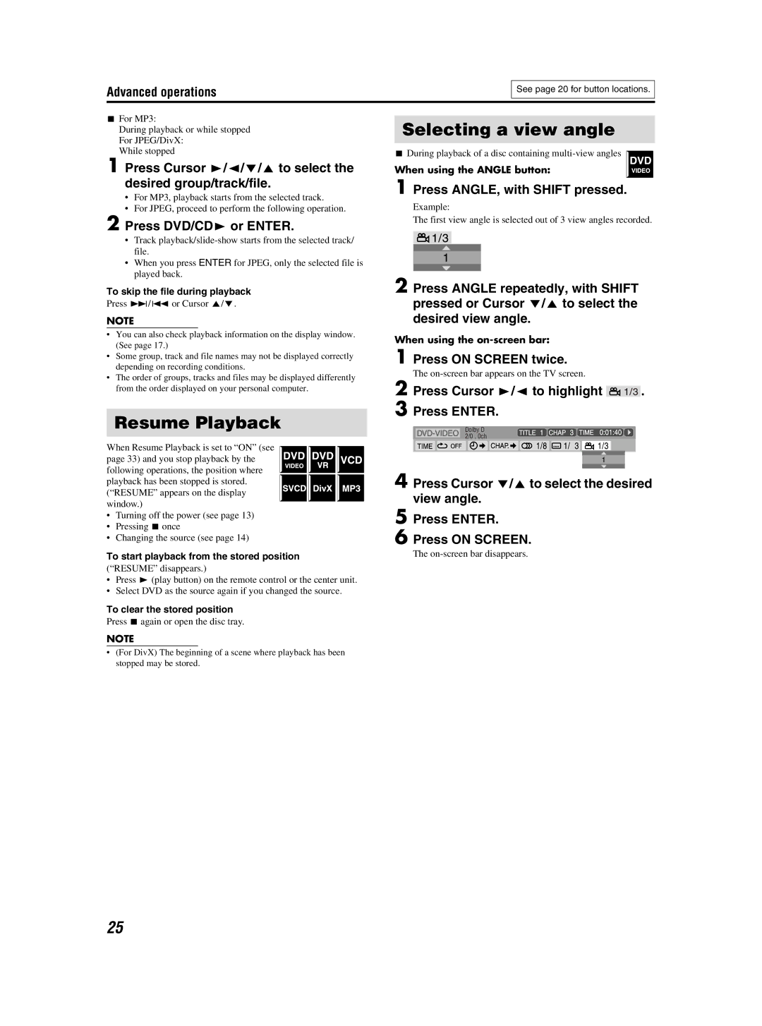 JVC GVT0155-001A manual Selecting a view angle, Resume Playback 