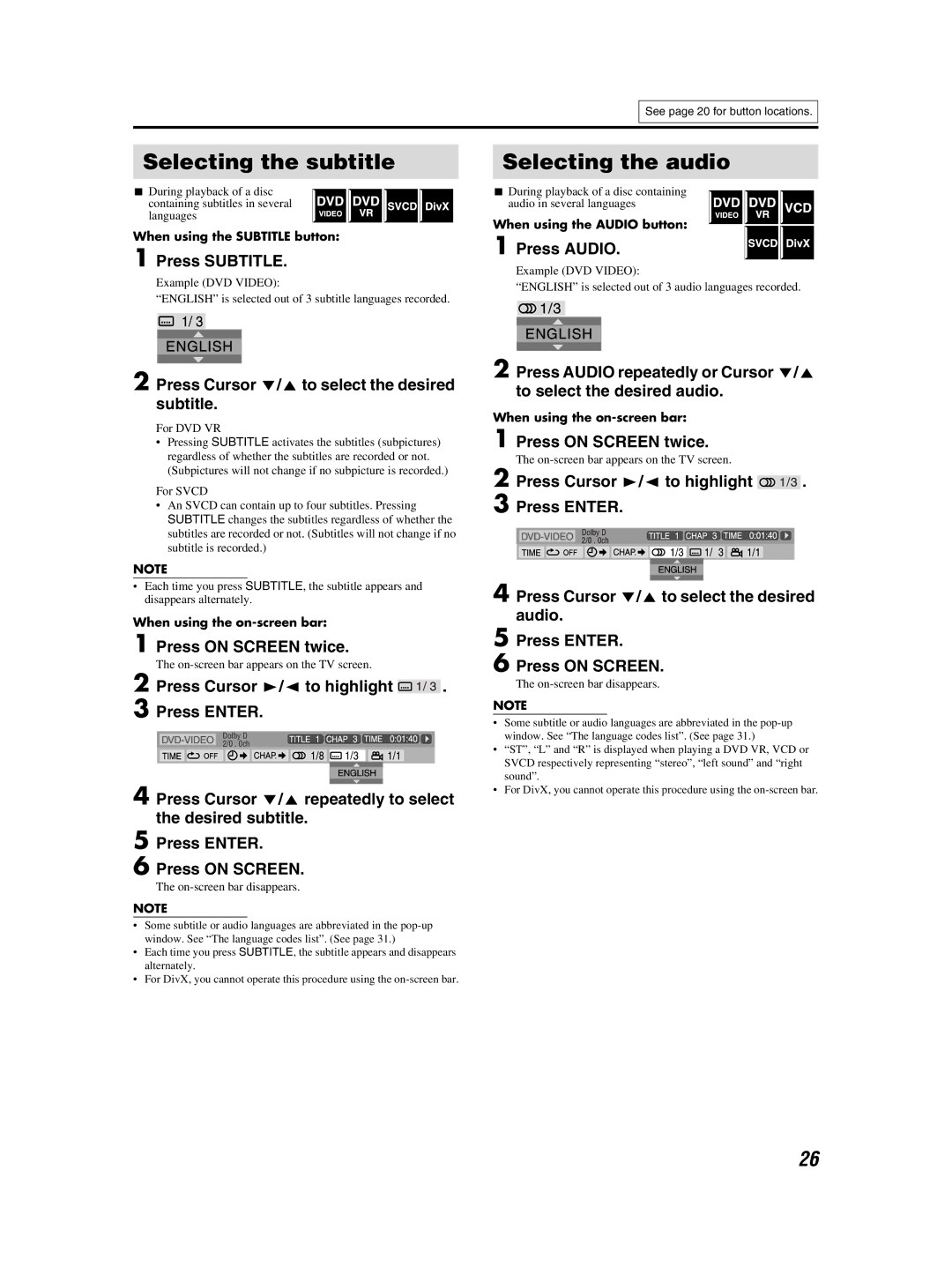 JVC GVT0155-001A manual Selecting the subtitle Selecting the audio 