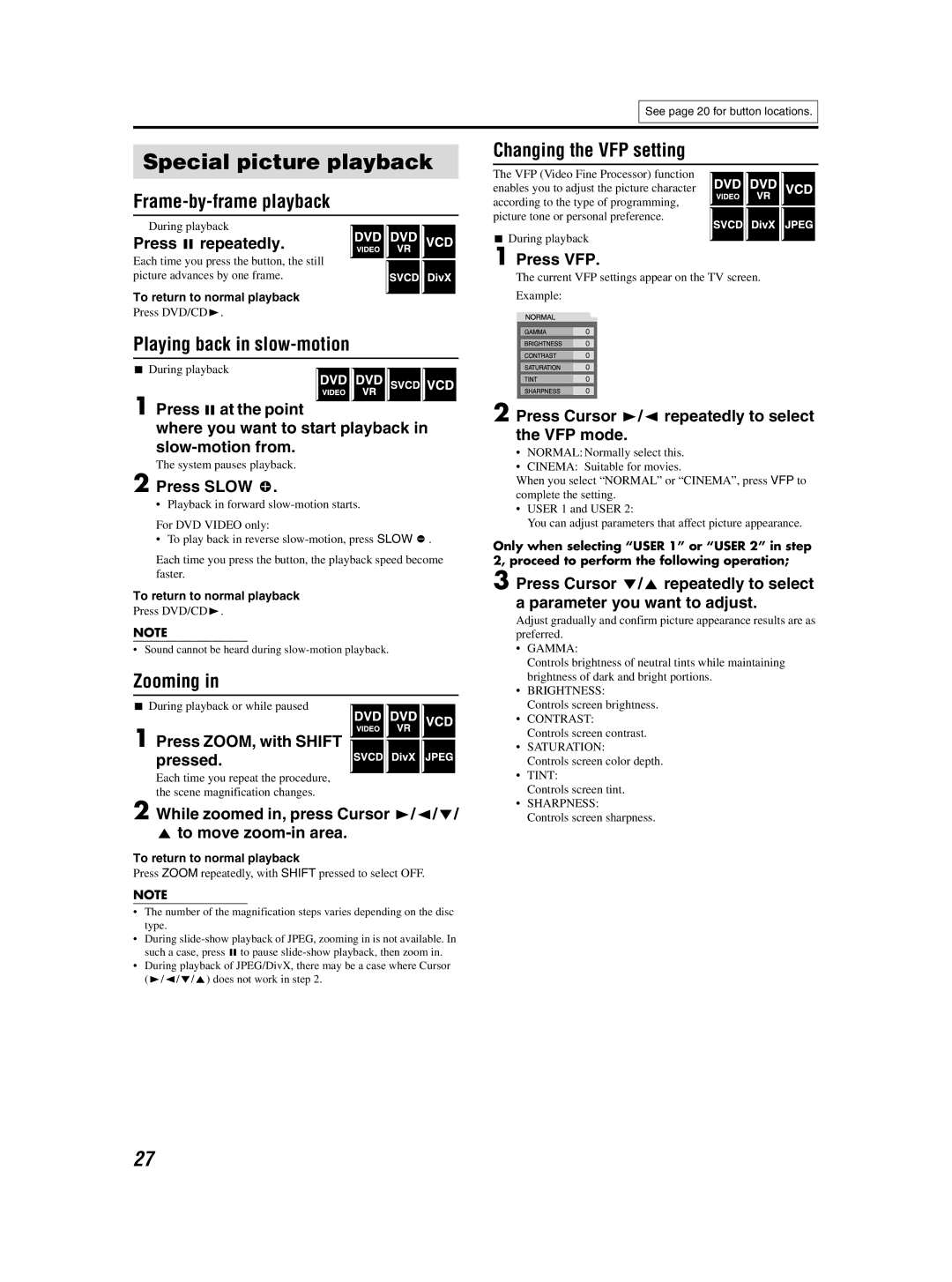 JVC GVT0155-001A Special picture playback, Changing the VFP setting, Frame-by-frame playback, Playing back in slow-motion 