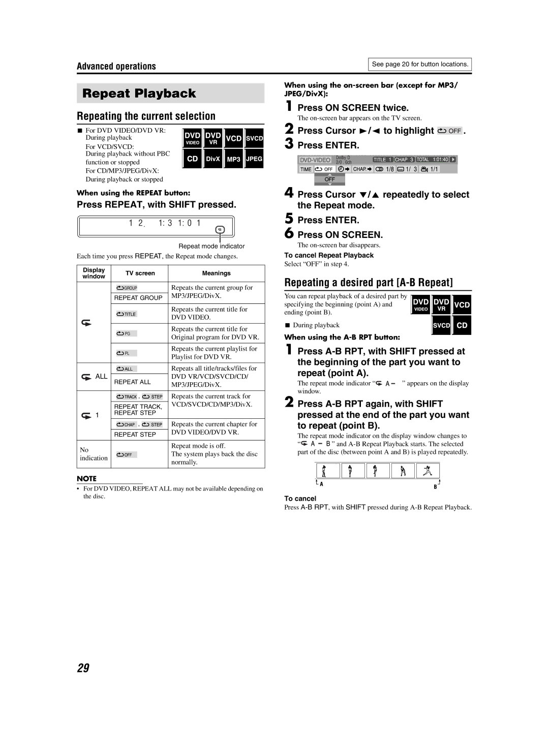 JVC GVT0155-001A manual Repeating the current selection, Repeating a desired part A-B Repeat 