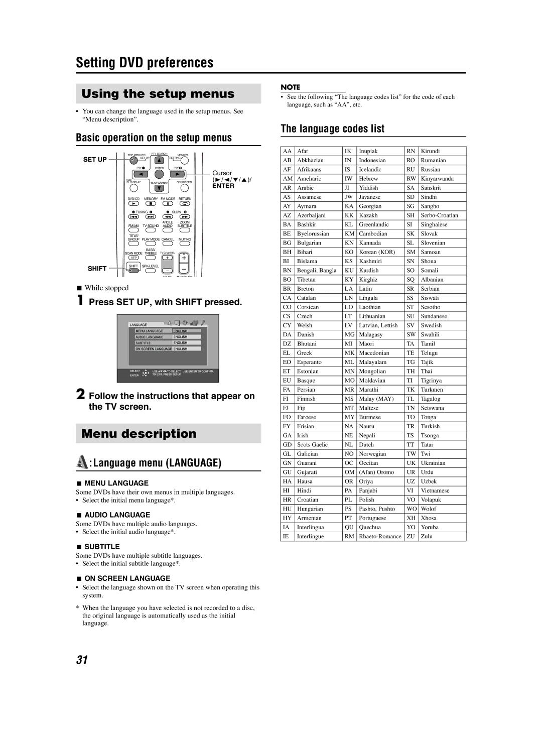 JVC GVT0155-001A manual Setting DVD preferences, Using the setup menus, Menu description 