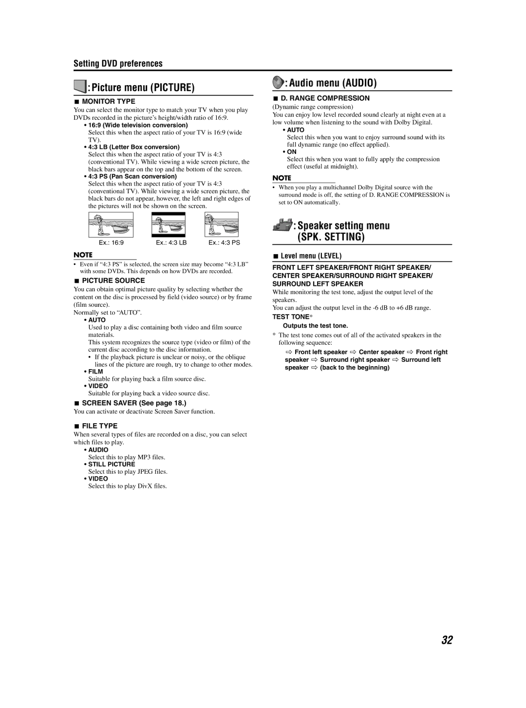 JVC GVT0155-001A manual Picture menu Picture, Audio menu Audio, Speaker setting menu 