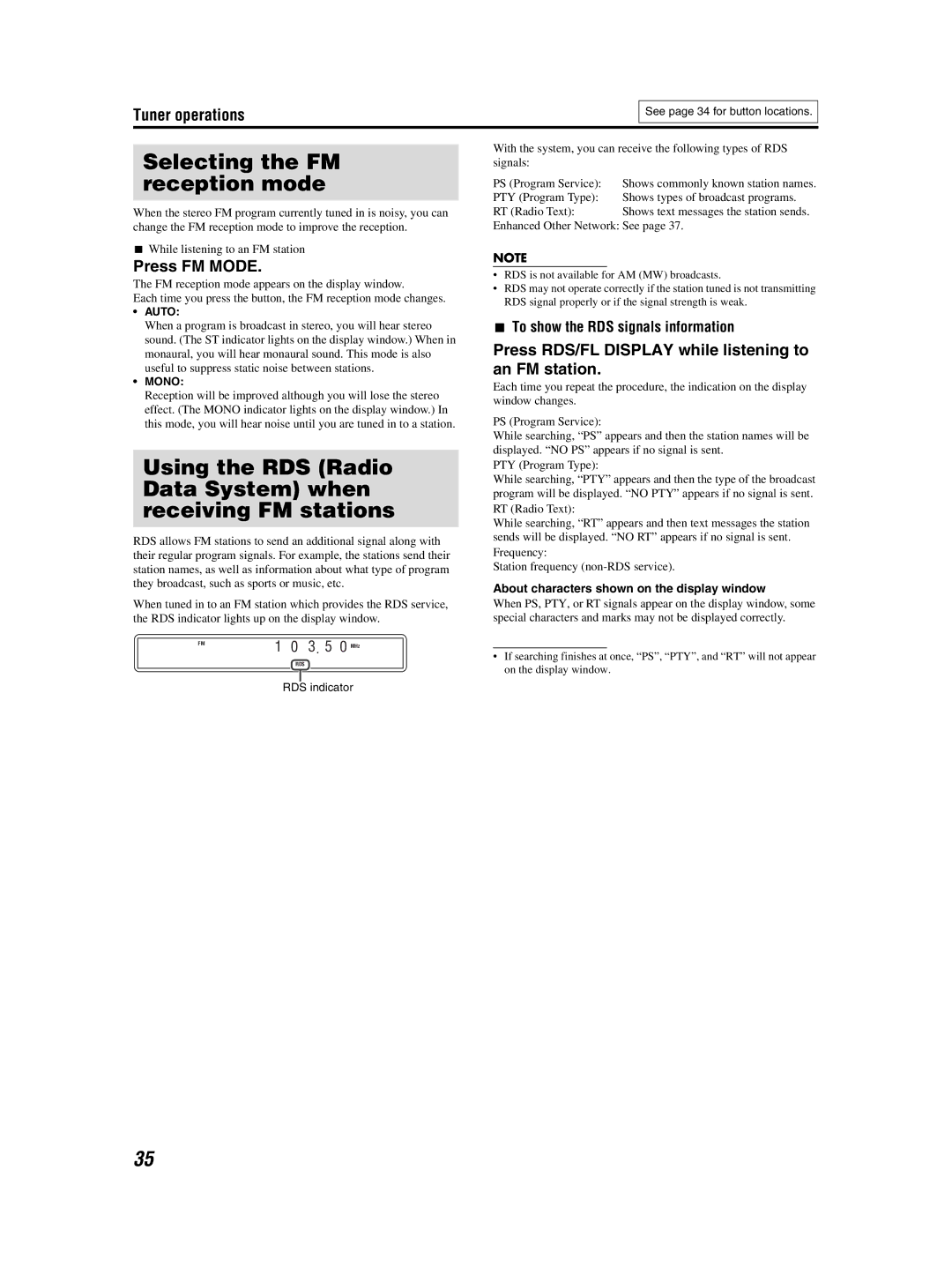 JVC GVT0155-001A manual Selecting the FM reception mode, Using the RDS Radio Data System when receiving FM stations 