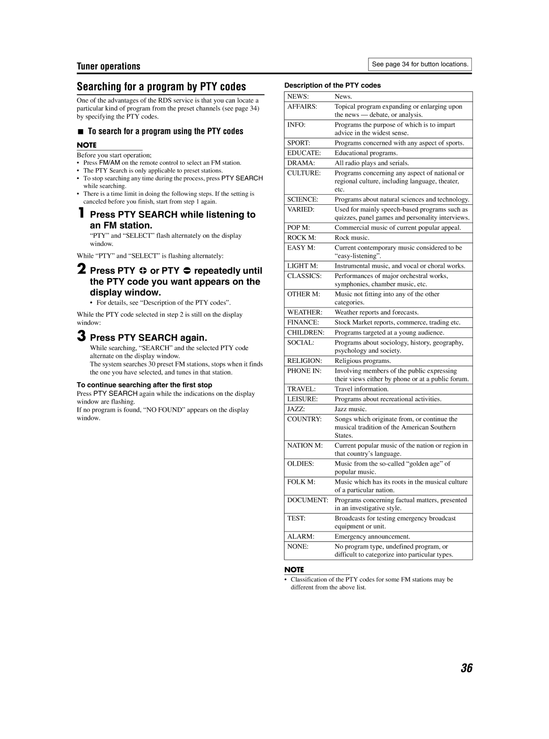 JVC GVT0155-001A Press PTY Search while listening to an FM station, Press PTY Search again, Description of the PTY codes 