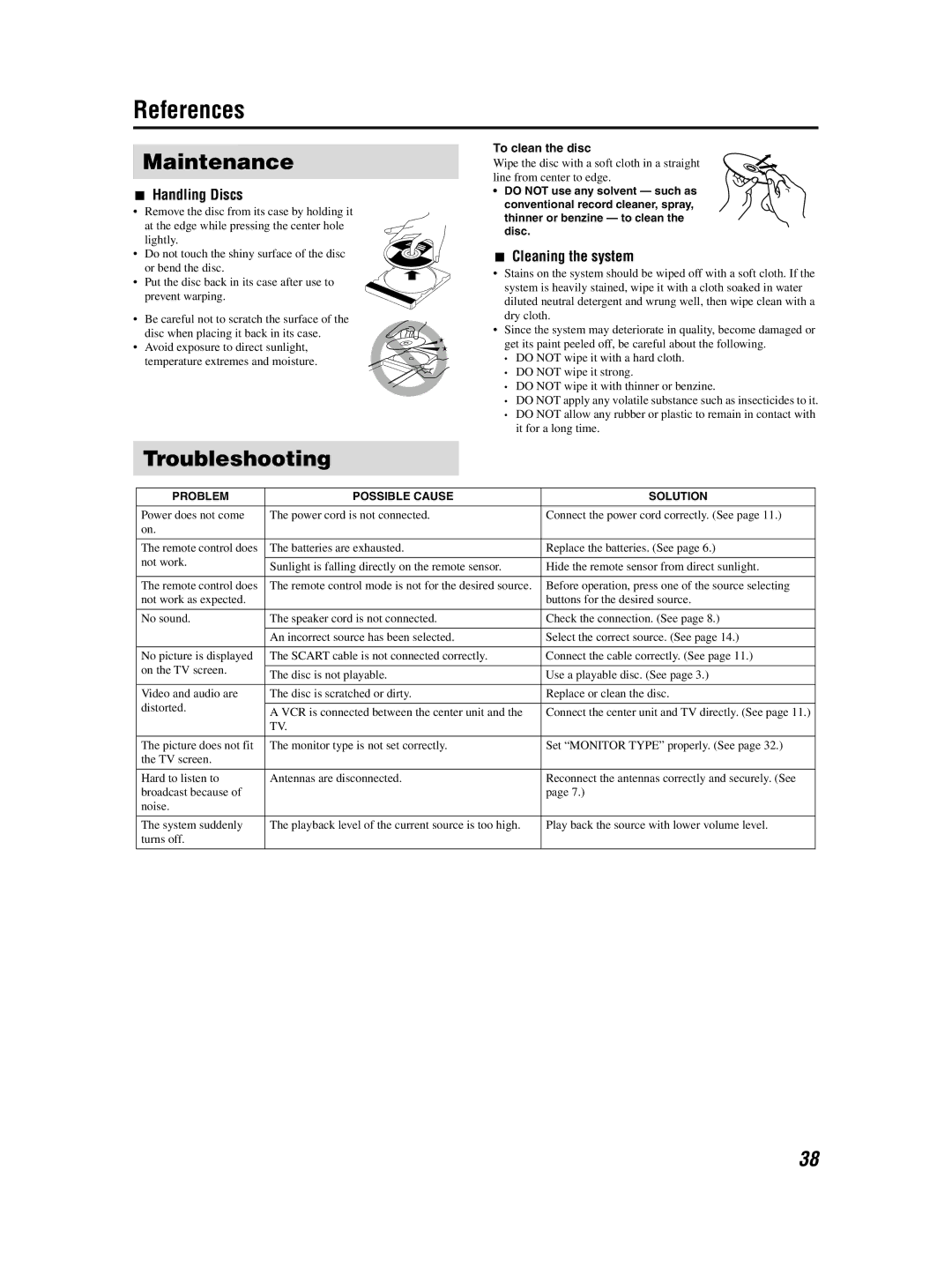 JVC GVT0155-001A manual References, Troubleshooting, Cleaning the system, To clean the disc 