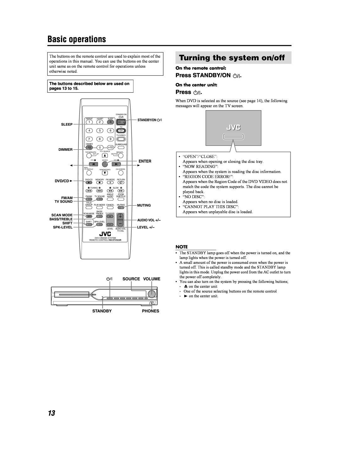 JVC GVT0155-001A Basic operations, Turning the system on/off, Press STANDBY/ON, On the remote control, On the center unit 