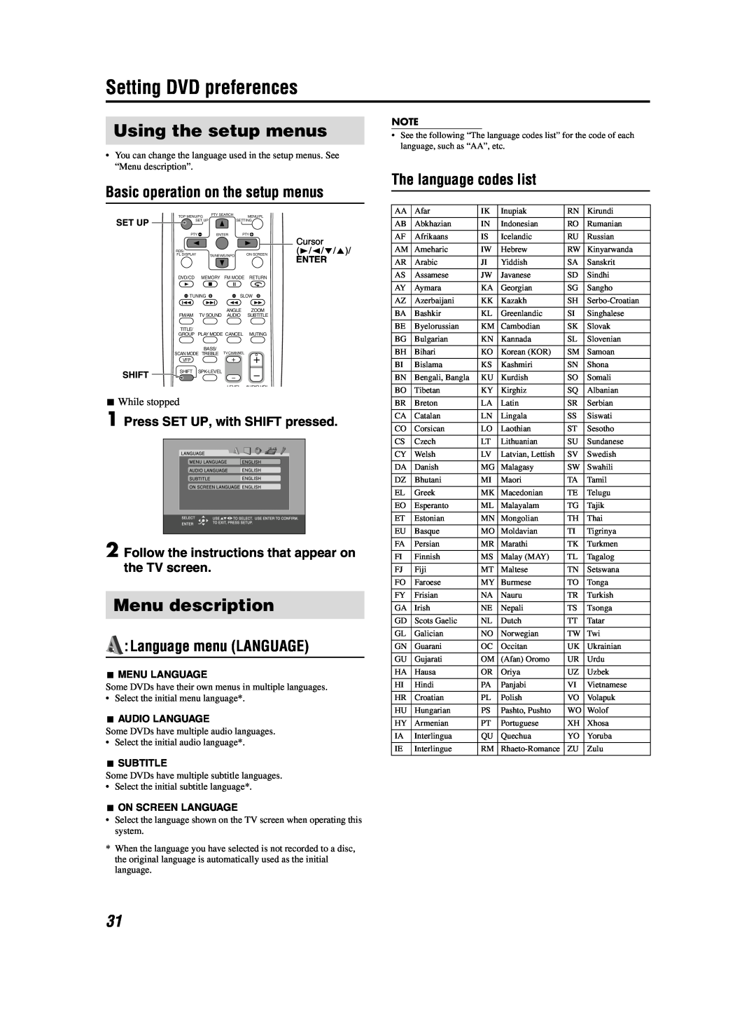 JVC GVT0155-001A manual Setting DVD preferences, Using the setup menus, Menu description, Press SET UP, with SHIFT pressed 
