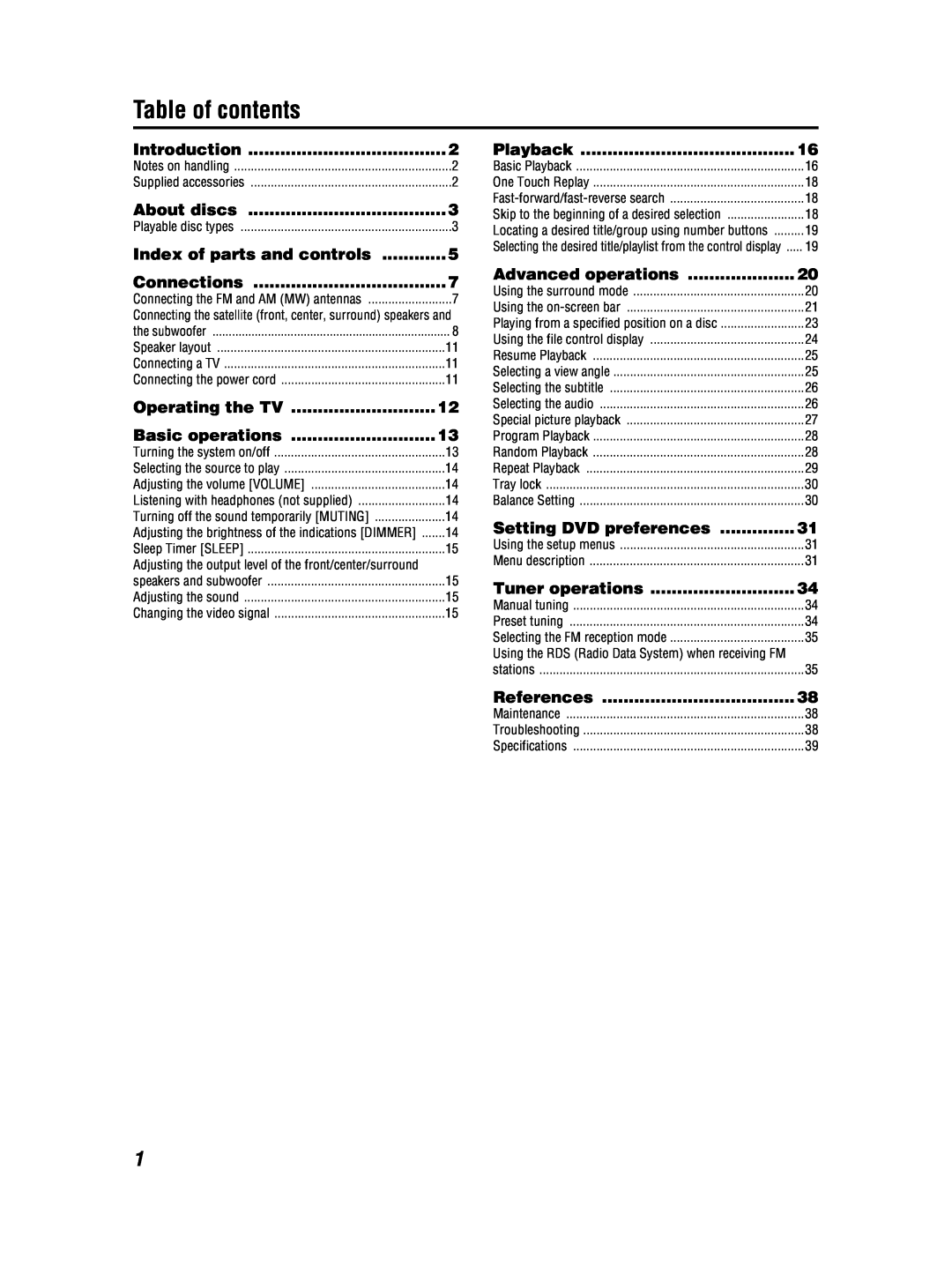 JVC GVT0155-001A Table of contents, Introduction, About discs, Index of parts and controls, Connections, Operating the TV 