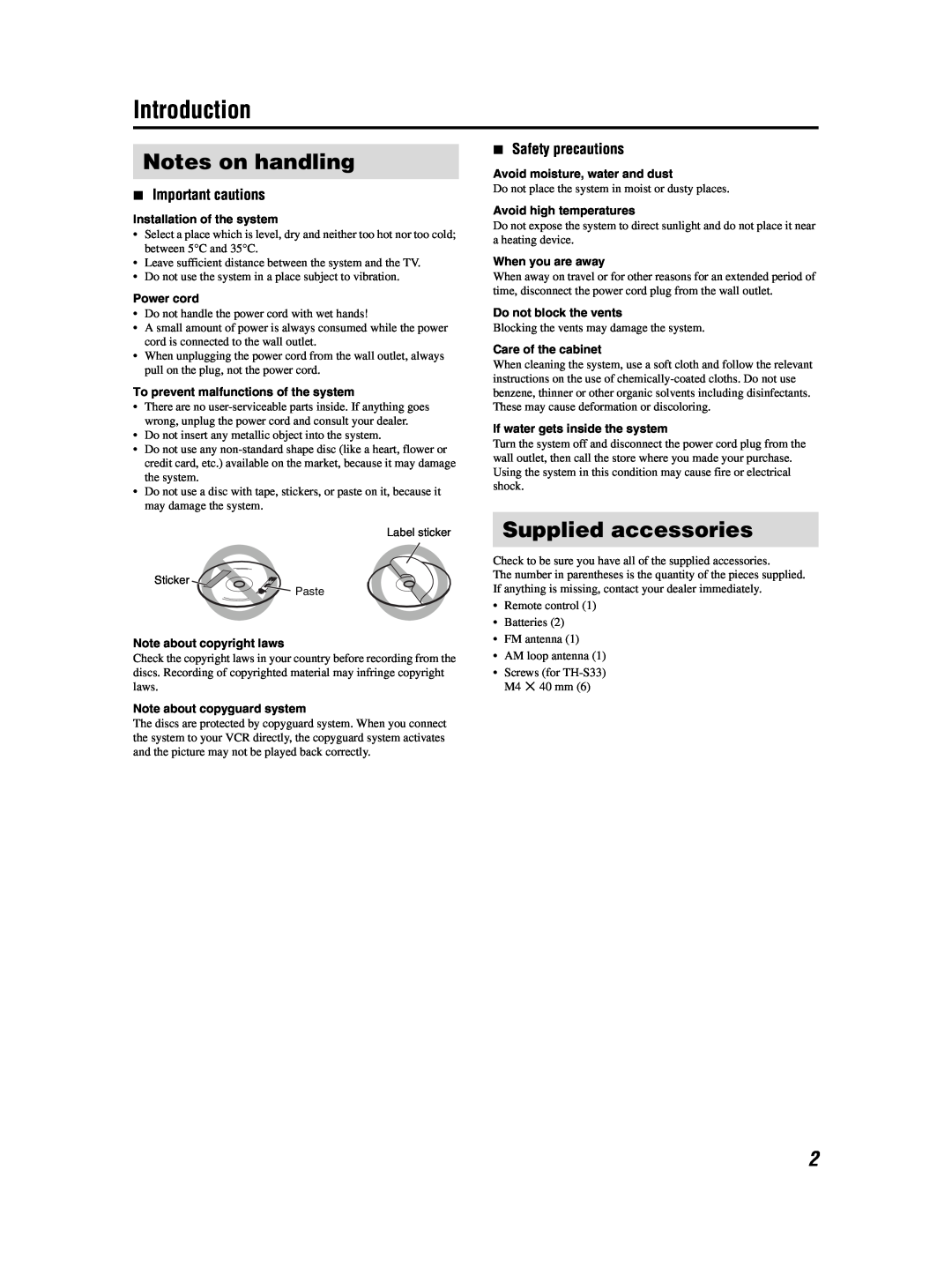 JVC GVT0155-001A manual Introduction, Notes on handling, Supplied accessories, 7Important cautions, 7Safety precautions 