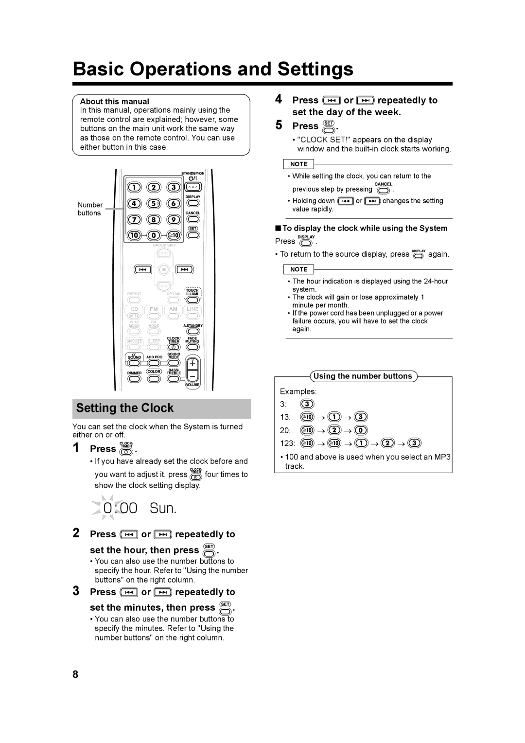 JVC UX-QX3A, GVT0182-005A, UX-QX3W manual Basic Operations and Settings, Setting the Clock 