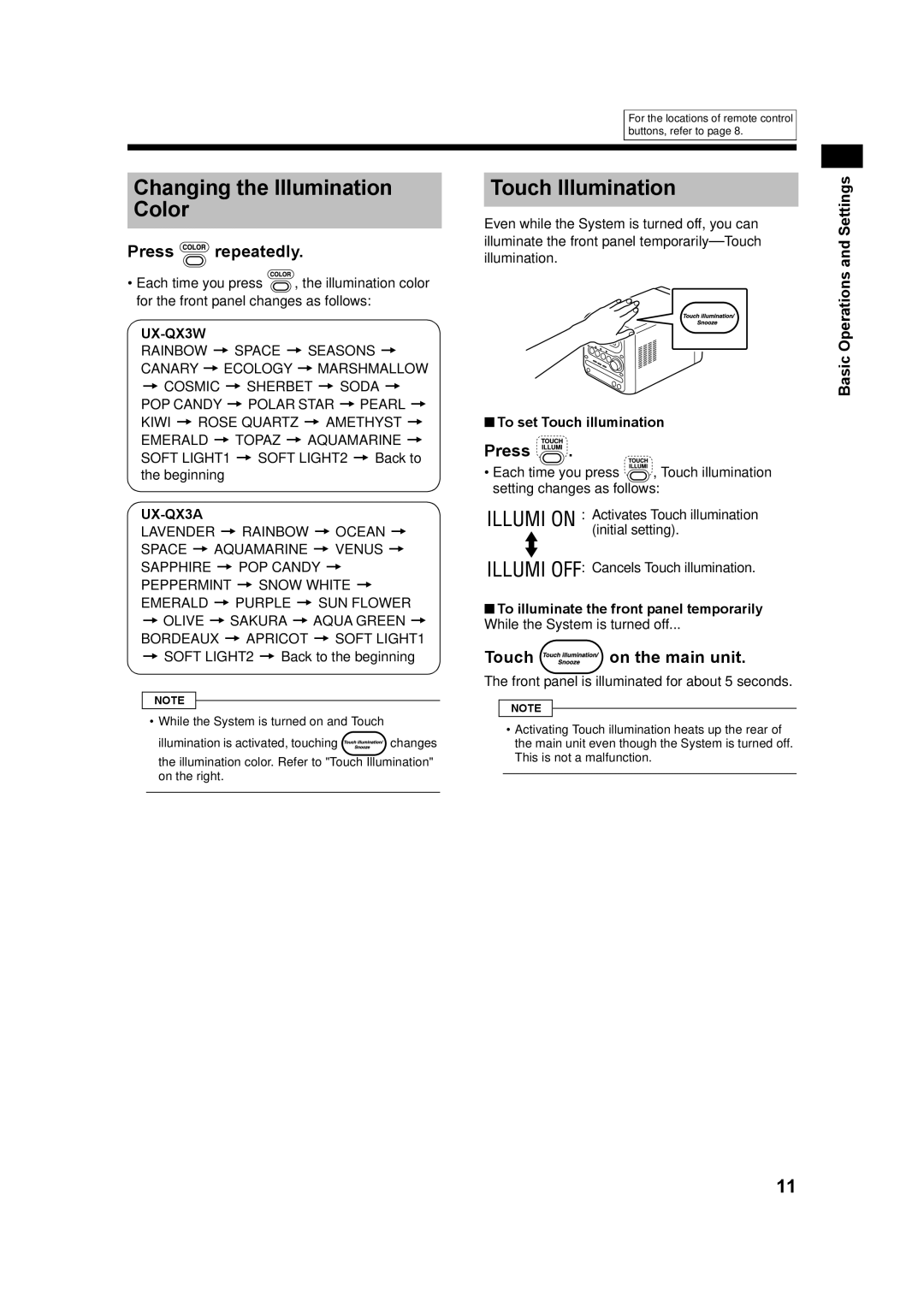 JVC UX-QX3A manual Changing the Illumination Color, Touch Illumination, Touch on the main unit, To set Touch illumination 