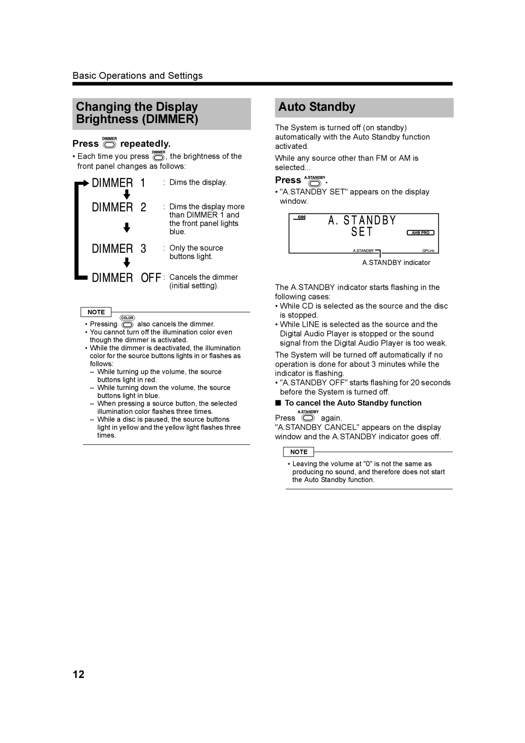 JVC UX-QX3W, GVT0182-005A Changing the Display Brightness Dimmer, Auto Standby, Standby SET appears on the display window 