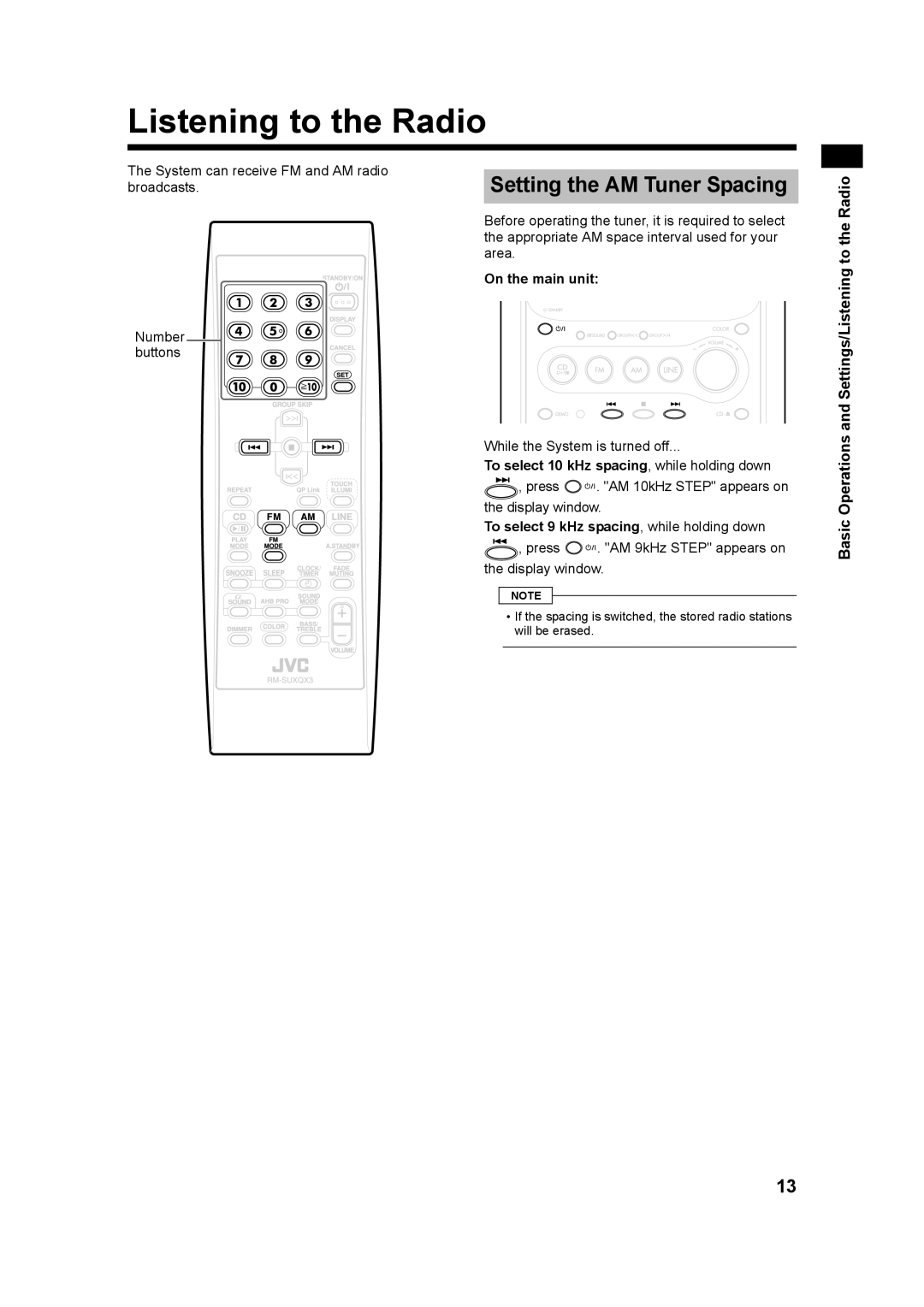 JVC GVT0182-005A, UX-QX3A, UX-QX3W manual Listening to the Radio, Setting the AM Tuner Spacing 