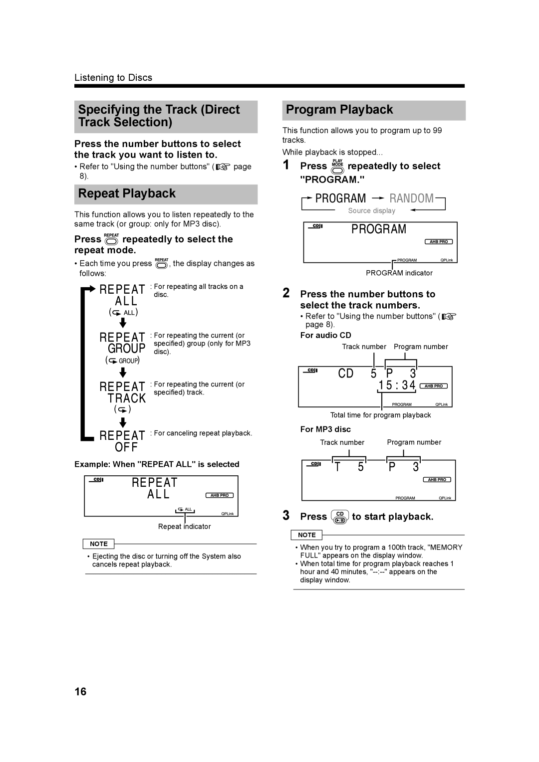 JVC GVT0182-005A, UX-QX3A, UX-QX3W manual Specifying the Track Direct Track Selection, Program Playback, Repeat Playback 