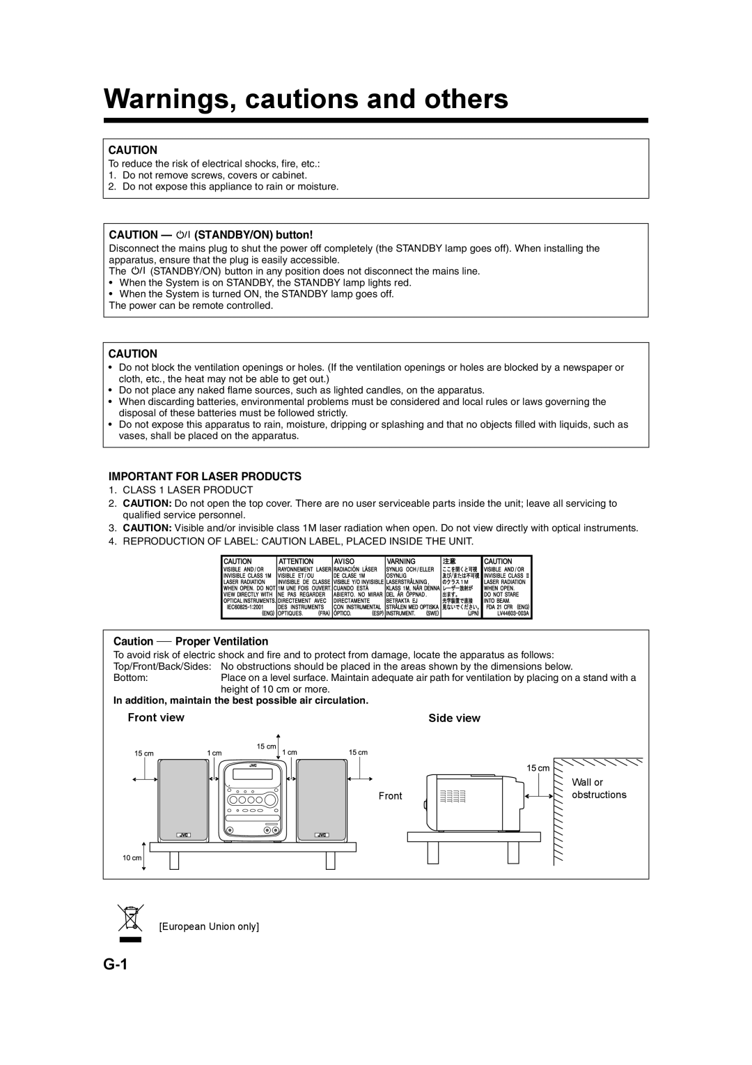 JVC UX-QX3W, GVT0182-005A, UX-QX3A manual Important for Laser Products, Front view Side view 