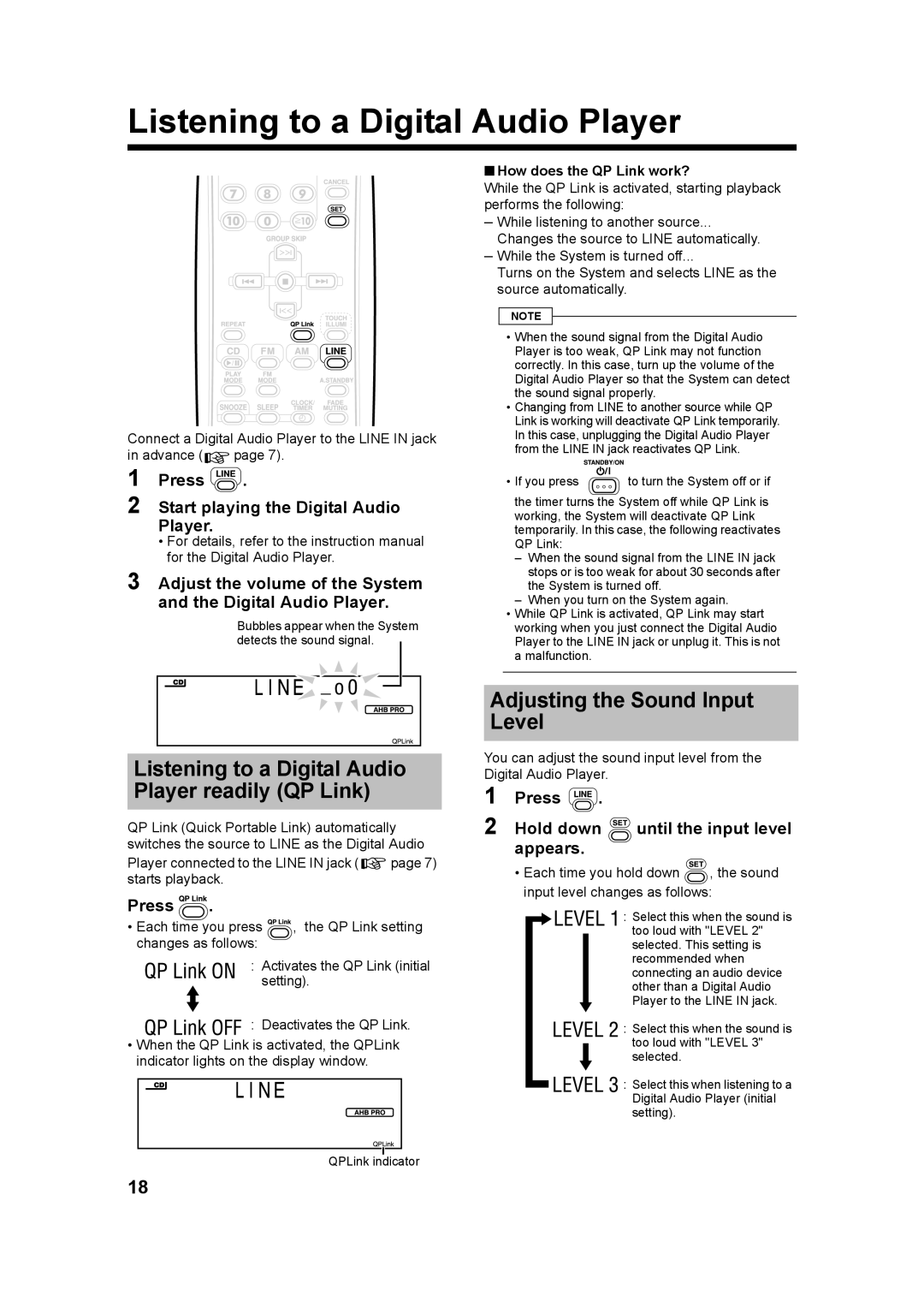 JVC UX-QX3W, GVT0182-005A Listening to a Digital Audio Player, Adjusting the Sound Input Level, Press Hold down, Appears 