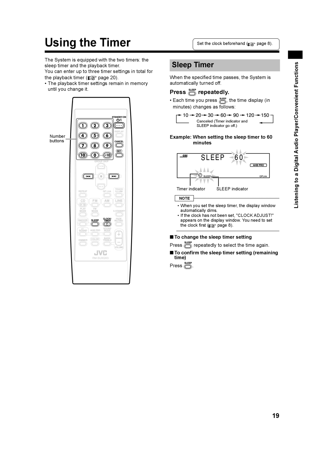 JVC GVT0182-005A Using the Timer, Example When setting the sleep timer to 60 minutes, To change the sleep timer setting 