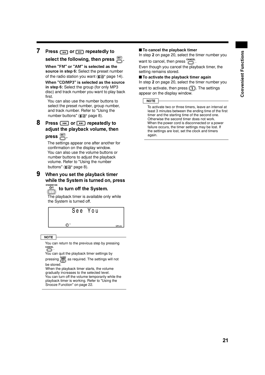 JVC UX-QX3W, UX-QX3A To turn off the System, Press or repeatedly to select the following, then press, Convenient Functions 