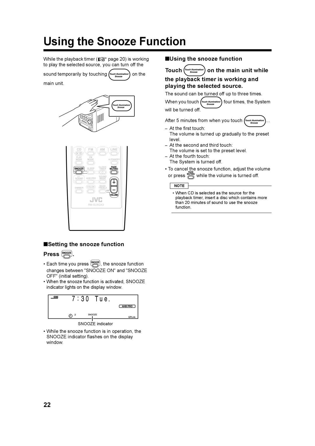 JVC GVT0182-005A, UX-QX3A, UX-QX3W manual Using the Snooze Function, Setting the snooze function Press 