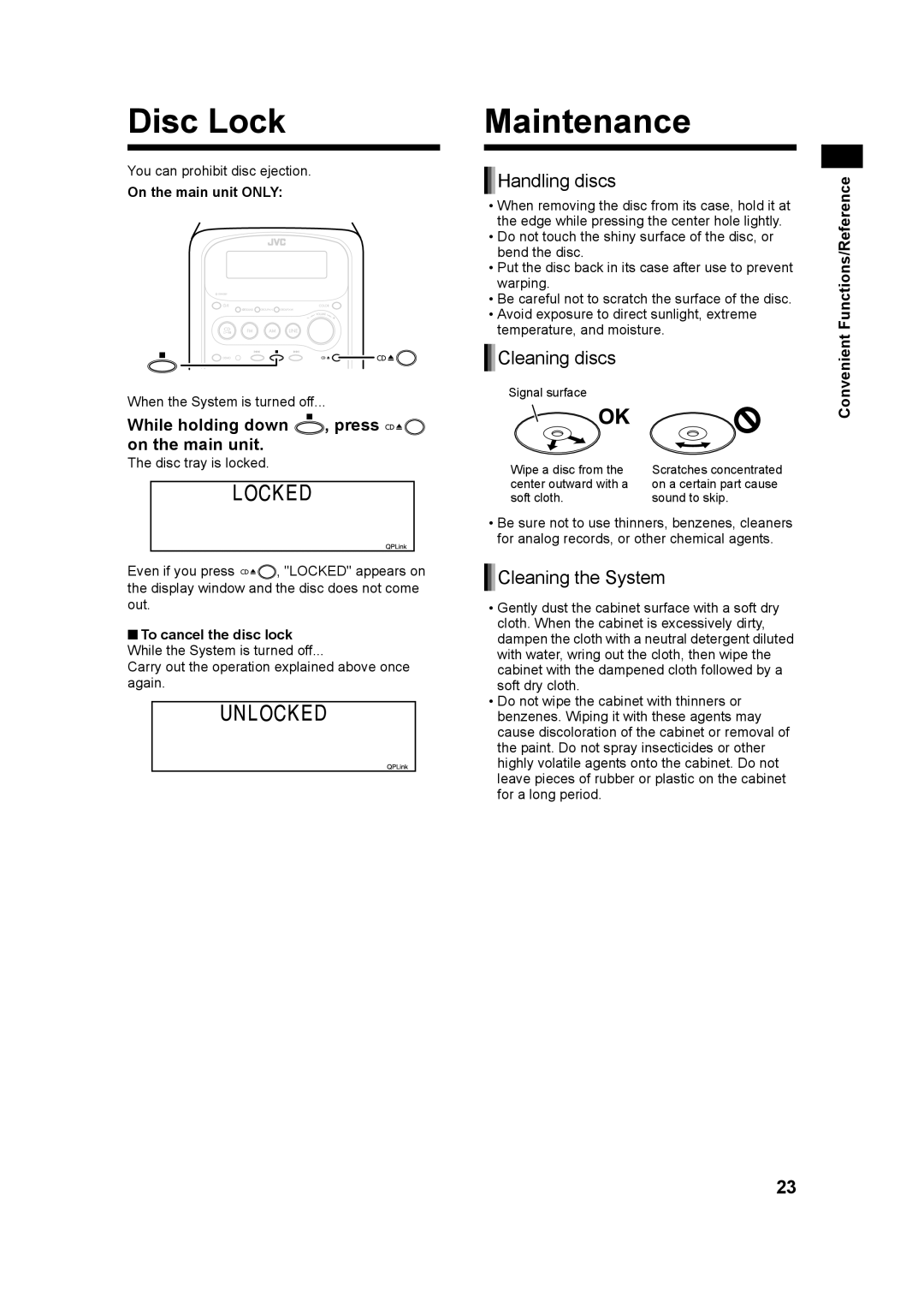 JVC UX-QX3A, UX-QX3W Disc Lock, Maintenance, While holding down , press on the main unit, Convenient Functions/Reference 