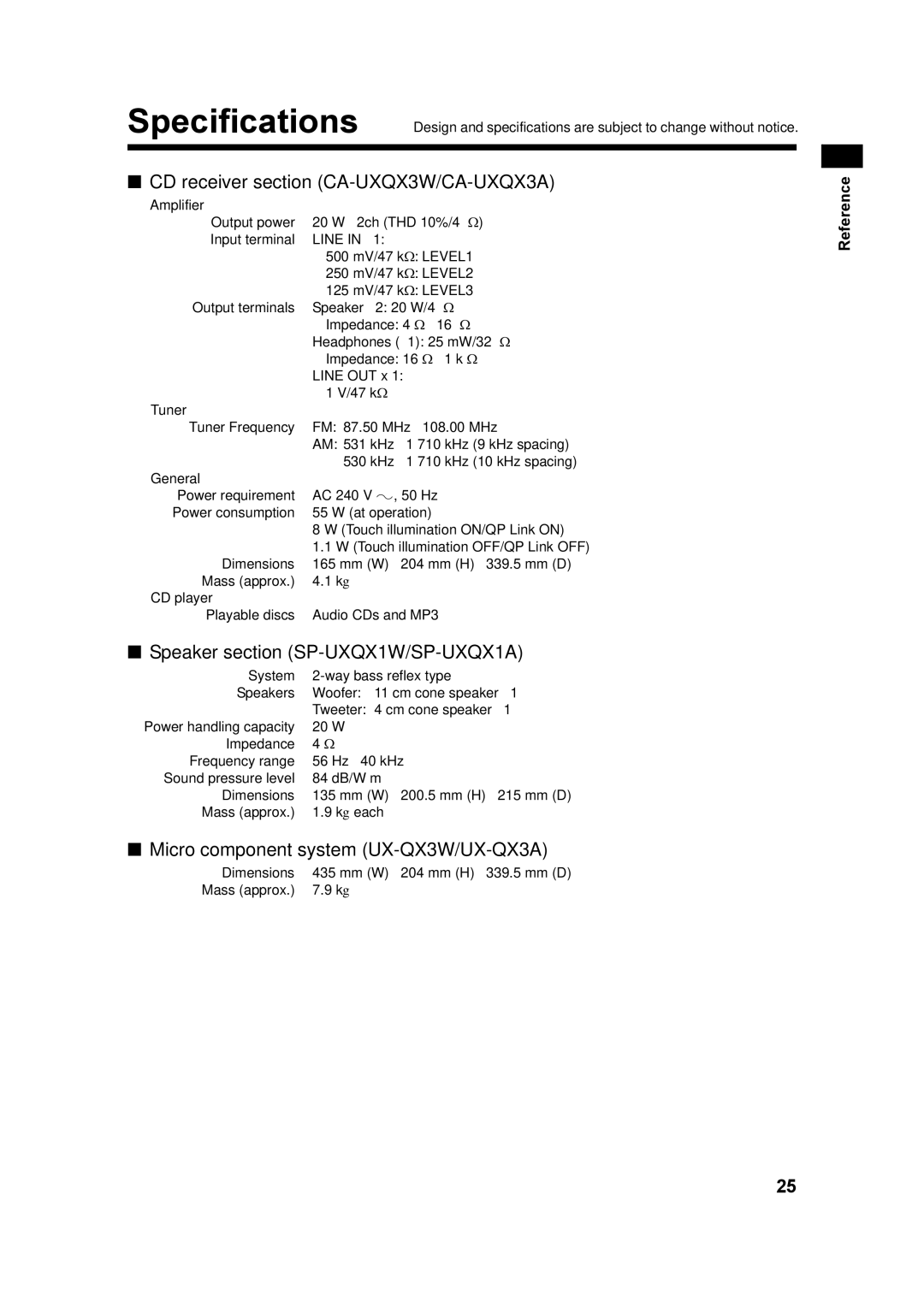 JVC GVT0182-005A, UX-QX3A, UX-QX3W manual Specifications, Reference, Mass approx G each 