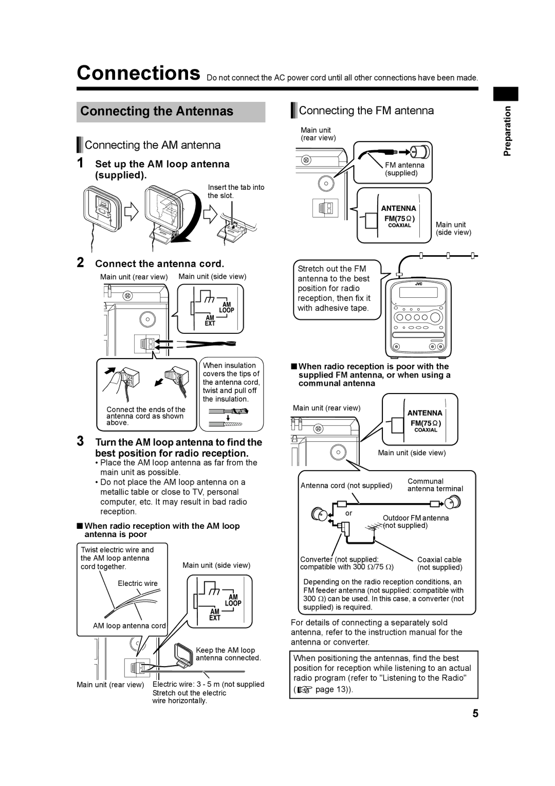 JVC UX-QX3A, UX-QX3W Connecting the Antennas, Set up the AM loop antenna supplied, Connect the antenna cord, Preparation 