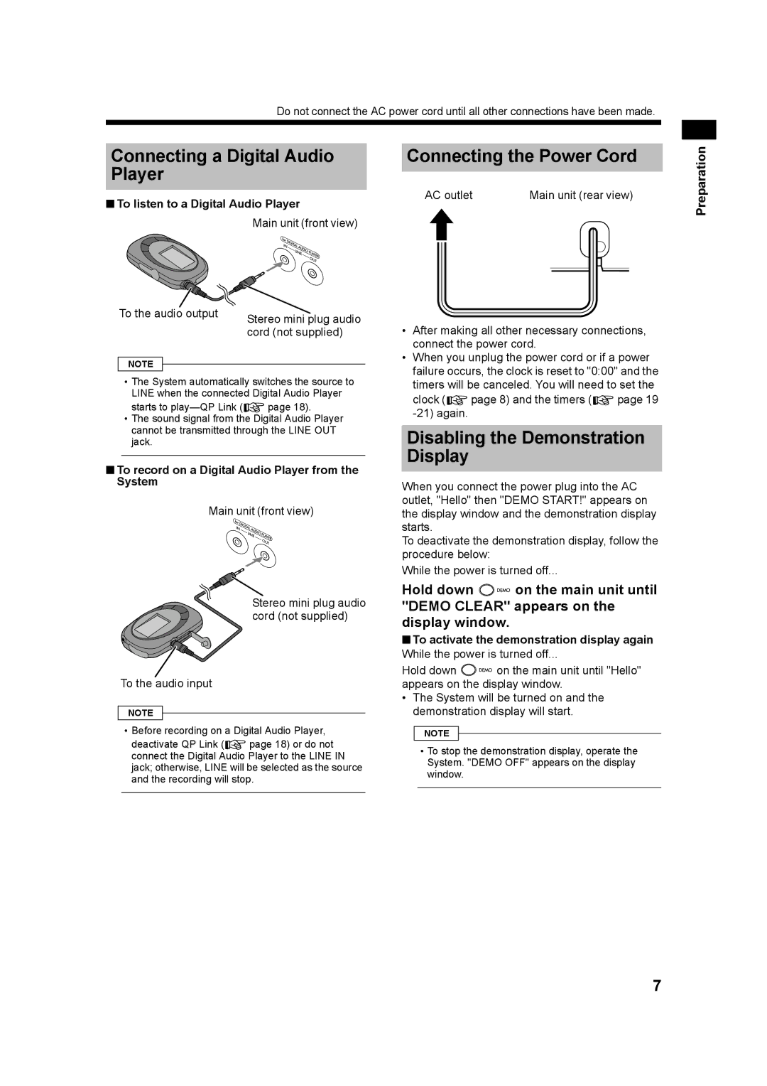 JVC GVT0182-005A manual Connecting a Digital Audio Player, Connecting the Power Cord, Disabling the Demonstration Display 