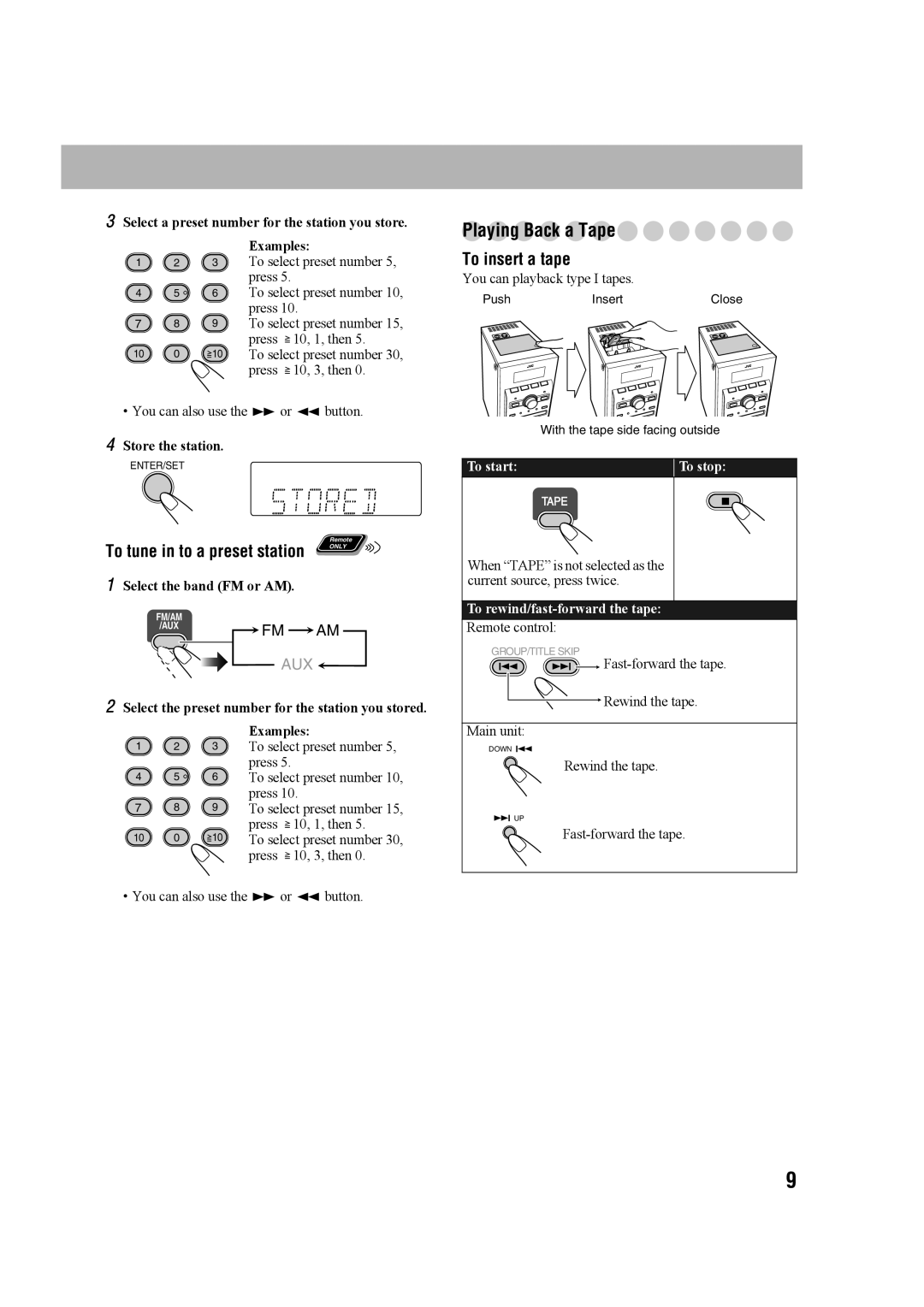 JVC 0207WMKMDCJEM manual Playing Back a Tape, To insert a tape, Select a preset number for the station you store Examples 