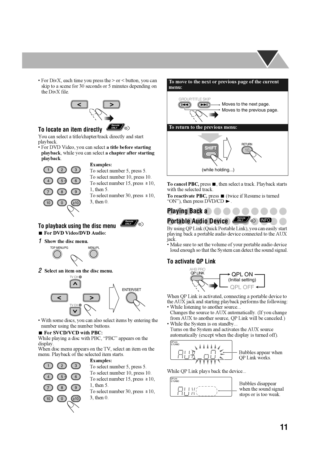 JVC CA-UXG68, GVT0203-006A, SP-UXG68 Playing Back a, Portable Audio Device, To activate QP Link, To locate an item directly 