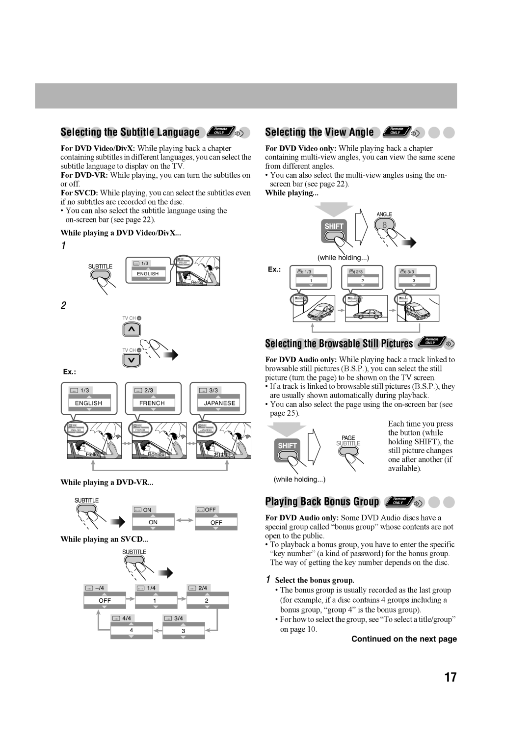 JVC 0207WMKMDCJEM, GVT0203-006A manual Selecting the Subtitle Language, Selecting the View Angle, Playing Back Bonus Group 