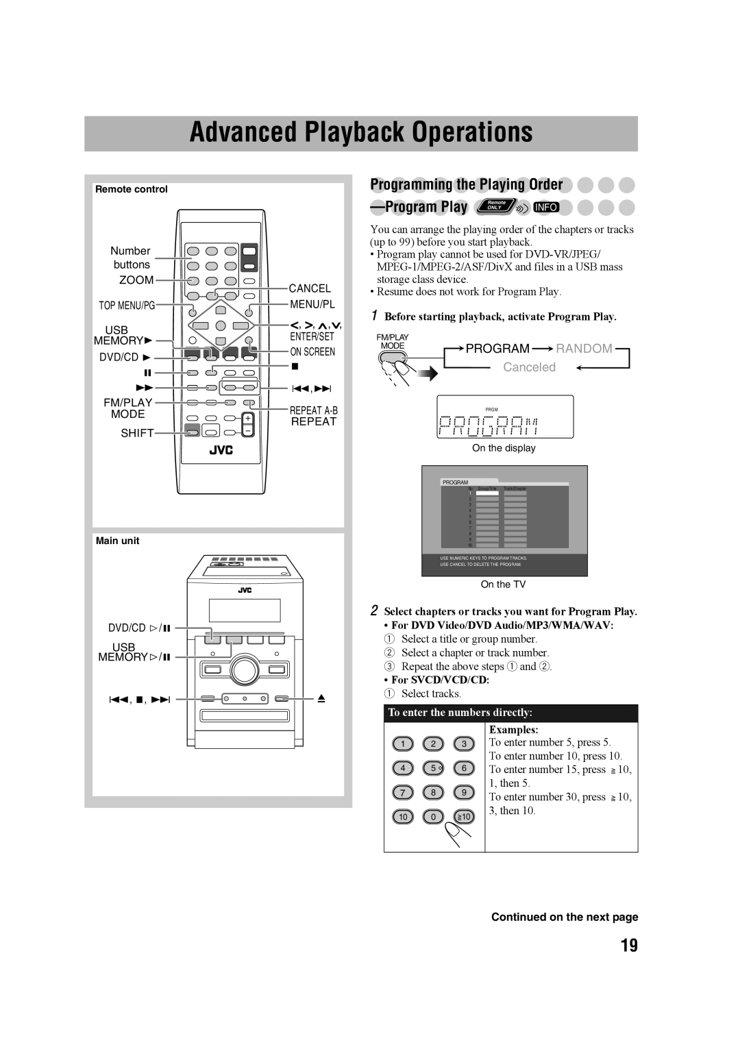 JVC CA-UXG68 Advanced Playback Operations, Programming the Playing Order, Before starting playback, activate Program Play 