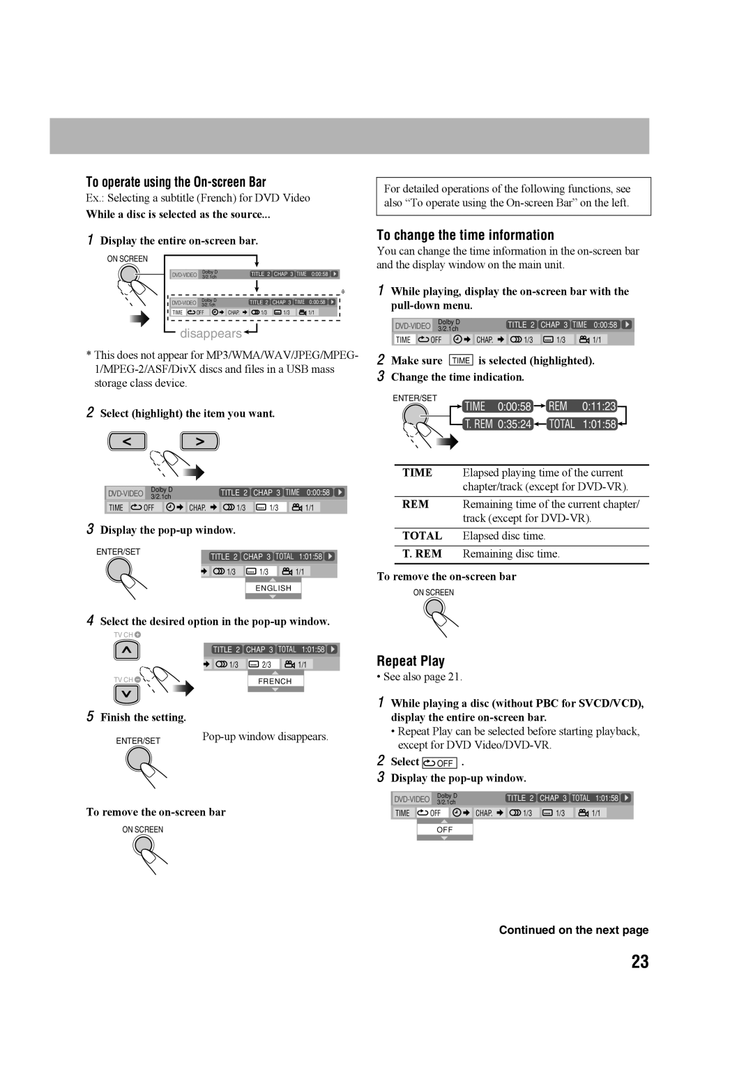 JVC CA-UXG68, GVT0203-006A, SP-UXG68, 0207WMKMDCJEM manual To operate using the On-screen Bar, To change the time information 