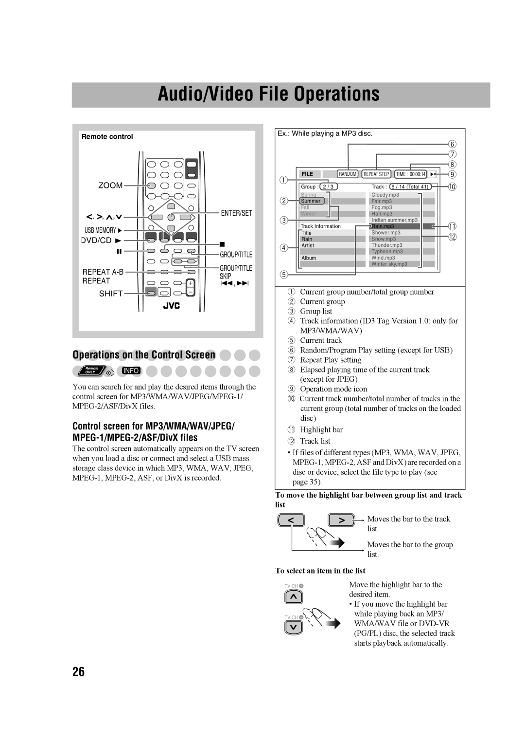 JVC GVT0203-006A, CA-UXG68 Audio/Video File Operations, Operations on the Control Screen, To select an item in the list 