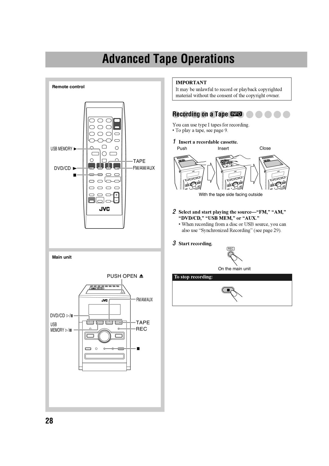 JVC SP-UXG68, CA-UXG68 Advanced Tape Operations, Recording on a Tape Info, Insert a recordable cassette, Start recording 